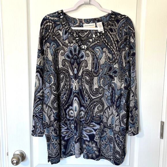 Alfred Dunner Wms 1X Blue Gray Jersey Knit Embellished Popover Tunic Blouse Glam - Picture 10 of 10